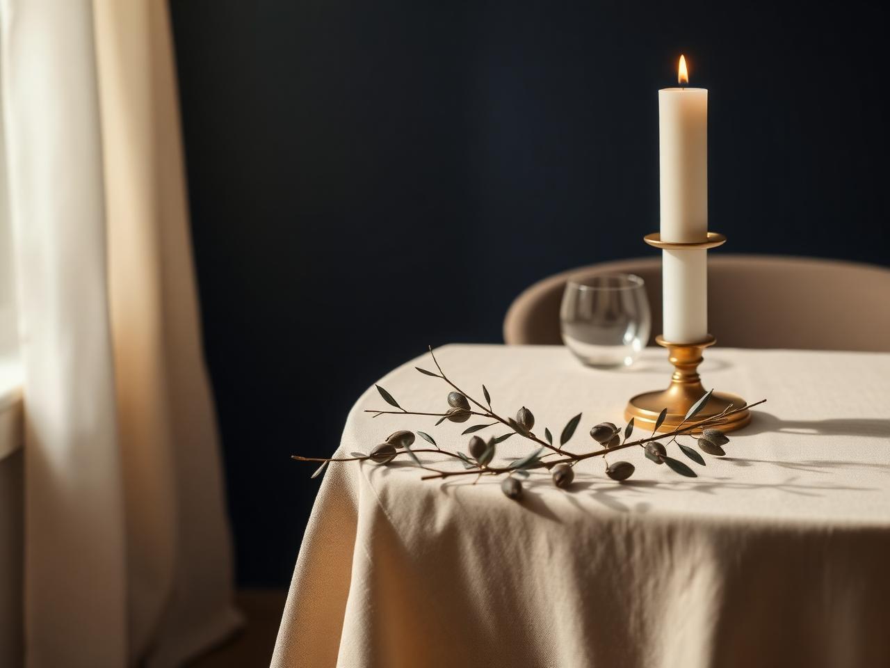 A candlelit table set with linen and an olive branch